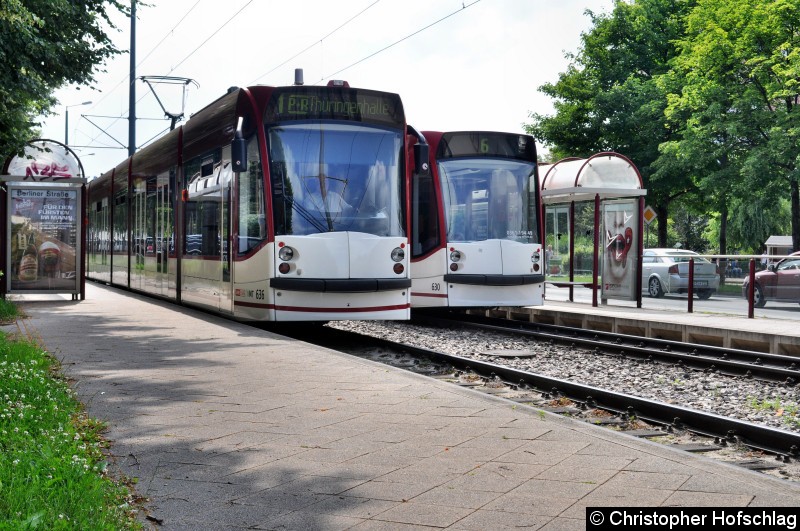 Bild: TW 636 auf der Linie 1 in der Haltestelle Berliner Straße.