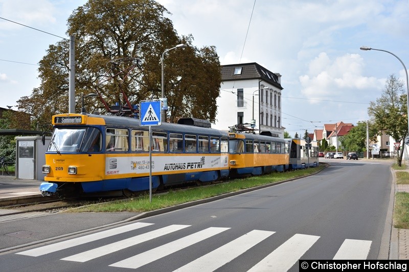 Bild: TW 2109+2157+906 als Linie 7 an der Endstelle Böhlitz-Ehrenberg.