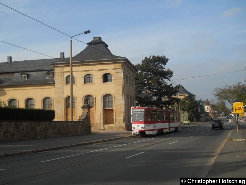 Bild: TW 312 auf der Linie 1 an der Haltestelle Orangerie.