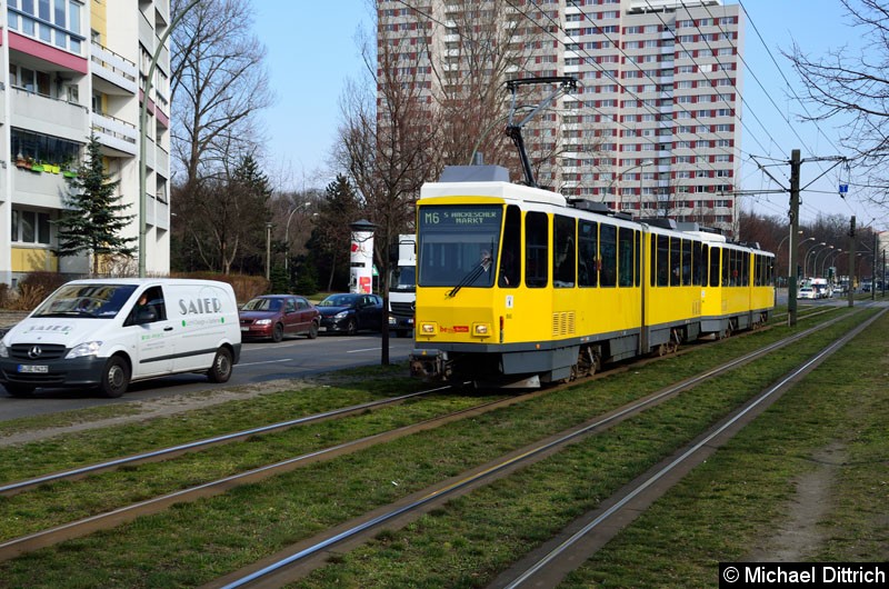 Bild: 6146 + 6077 als Linie M6 kurz vor der Haltestelle Büschingstr.