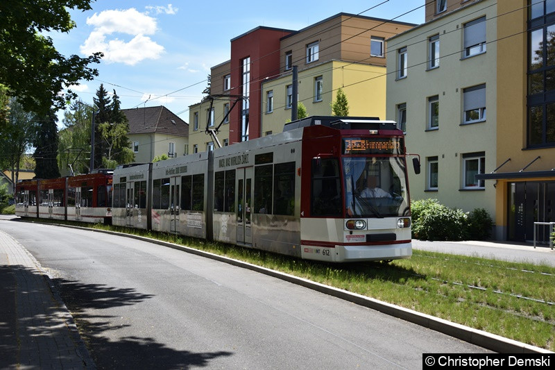 Bild: TW 612+614 als Linie 3 in Bereich Melchendorfer Straße in Richtung Europaplatz.