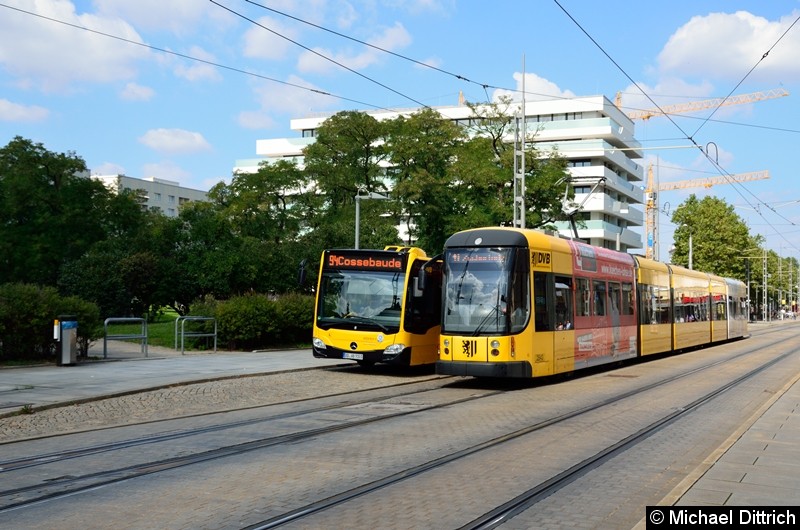 Bild: Bus 9101 als Linie 94 und Straßenbahn 2843 als Linie 11 an der Haltestelle Webergasse.