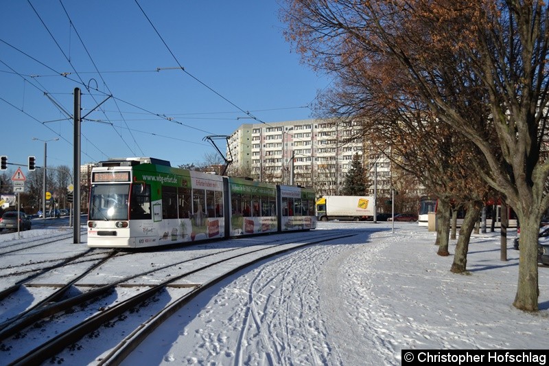 Bild: TW 613 als Linie 6 am Gleisdreieck Warschauer Straße in Richtung Domplatz.