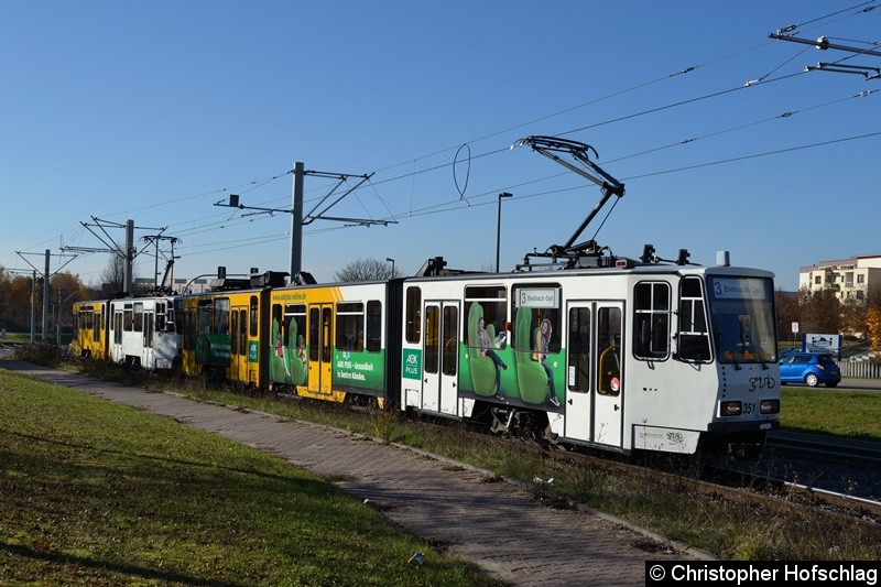 Bild: TW 351+314 als Linie 3 bei der Einfahrt in die Endstelle Bieblach Ost.