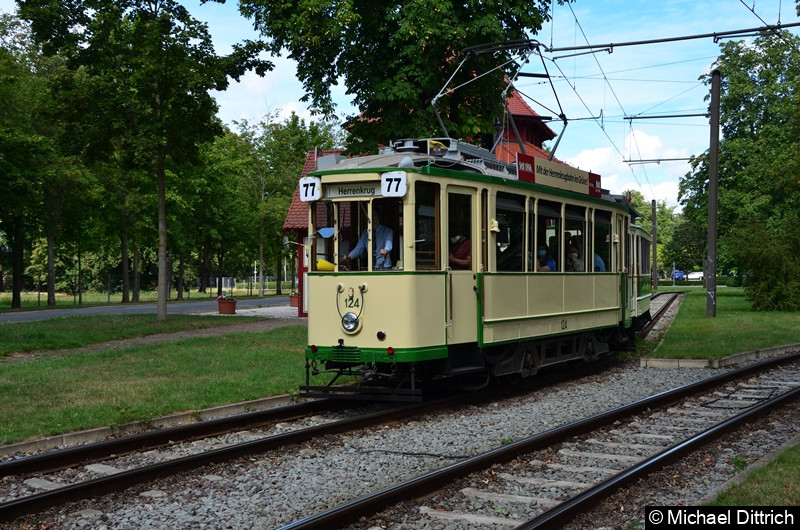 Der historische Triebwagen 124 und sein Beiwagen 300 verlassen die Haltestelle Herrenkrug.