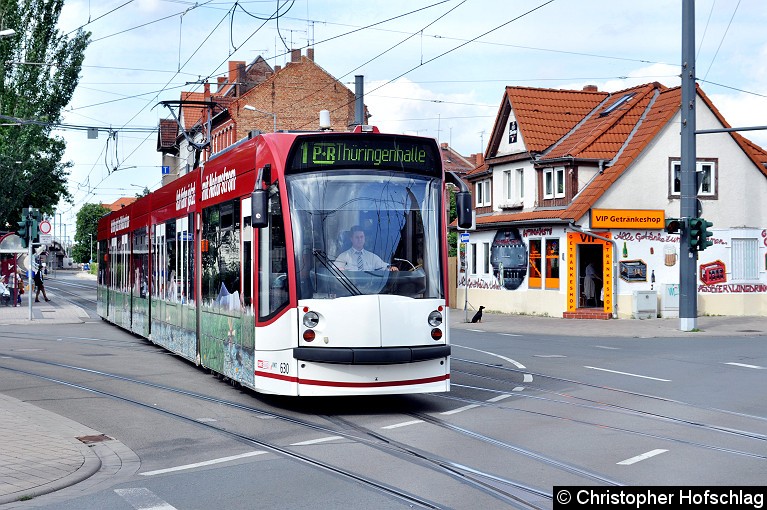 TW 630 als Linie 1 von Zoopark komment in Richtung Thüringenhalle. Er verlässt hier grade die Haltestelle Salinenstraße. Bild: TW 630 als Linie 1 von Zoopark komment in Richtung Thüringenhalle. Er verlässt hier grade die Haltestelle Salinenstraße.