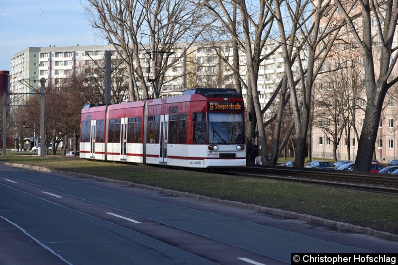 Bild: TW 606 als Linie 6 auf der Nordhäuser Straße kurz vor der Haltestelle Riethstraße