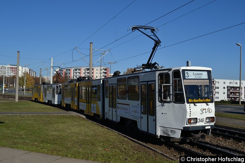 Bild: TW 348+360 als Linie 3 bei der Einfahrt in die Haltestelle Brüte.