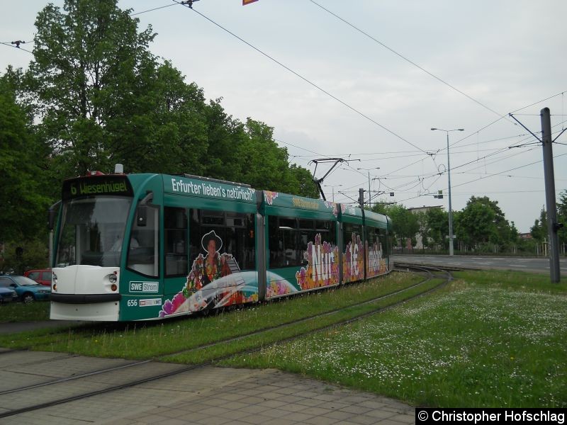 Bild: TW 656 als Linie 6 in Richtung Wiesenhügel am Gleisdreieck Warschauer Straße.