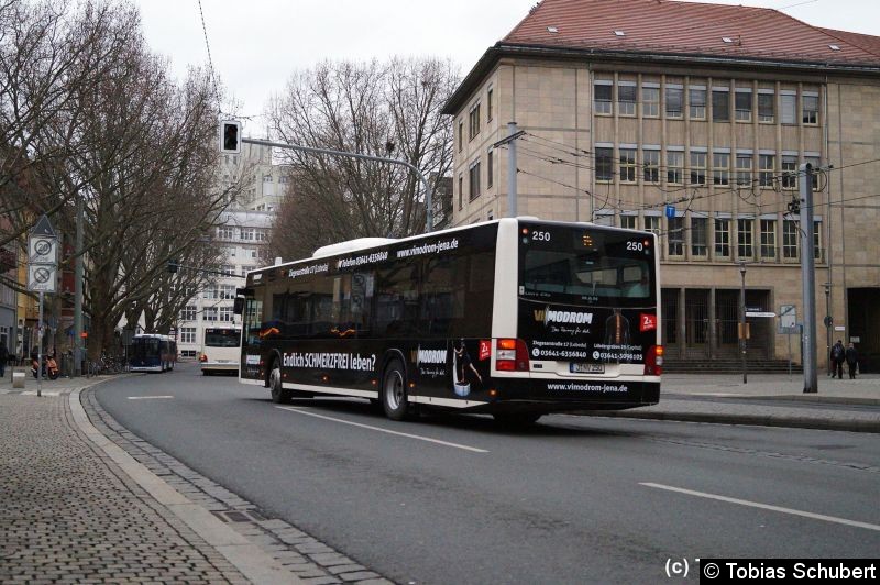 Bild: Bus 250 als Linie 14 beim Verlassen der Haltestelle Holzmarkt, Stadtzentrum.