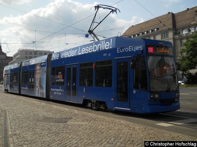 Bild: TW 1102 wechselt von der Linie 34 ab Hauptbahnhof als Linie 10 nach Lößnig.