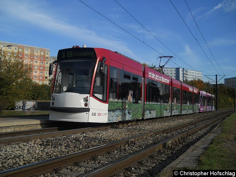 Bild: TW 630+703 auf der Linie 3 an der Haltstelle Straße der Nationen.