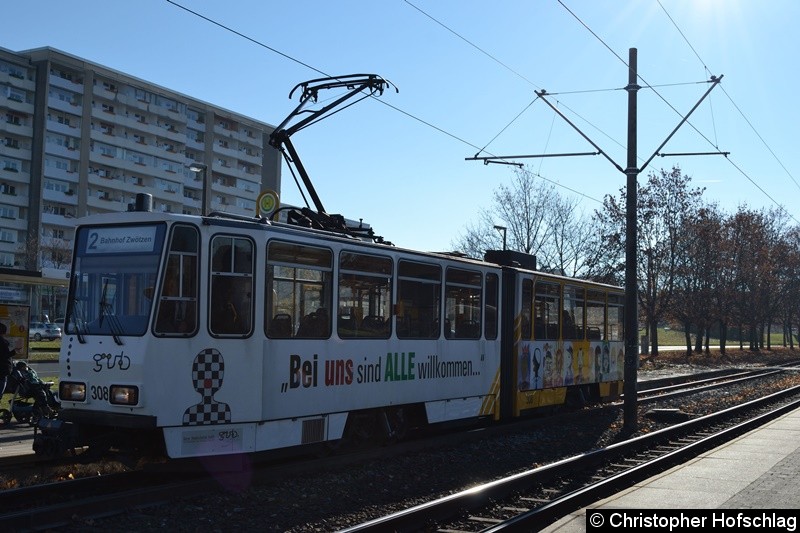 Bild: TW 308 als Linie 2 an der Haltestelle Brüte.