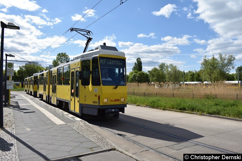 TW 6004+6041 als Linie M17 an der Endstelle Falkenberg.