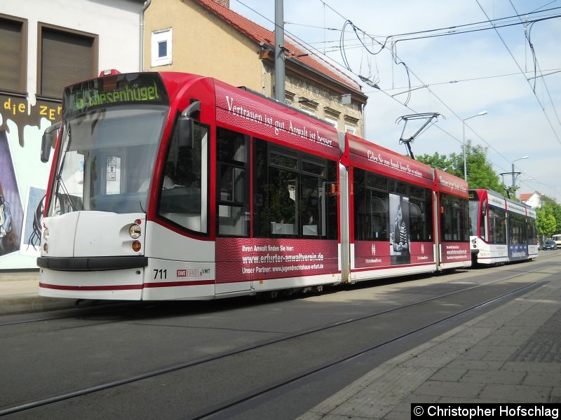 Bild: Combino-Traktion 711+704 als Linie 6 an der Haltestelle Salinenstraße.