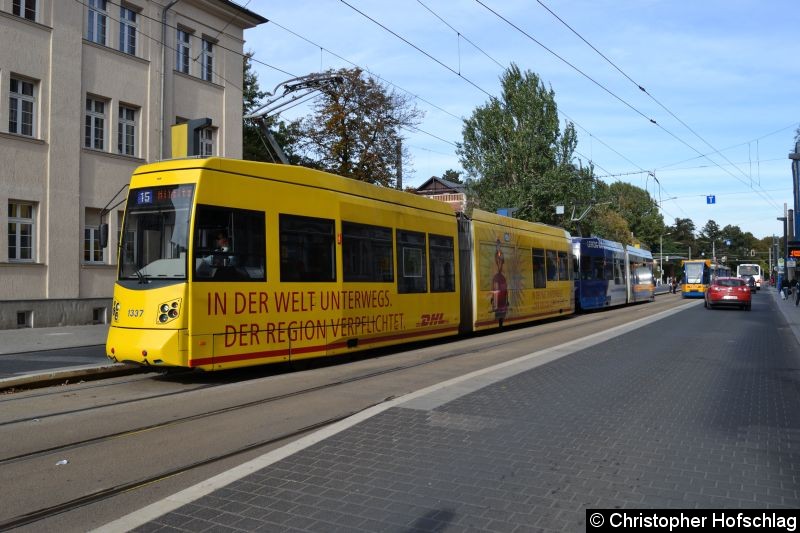 Bild: TW 1337+1331 als Linie 15 an der Haltestelle Angerbrücke.