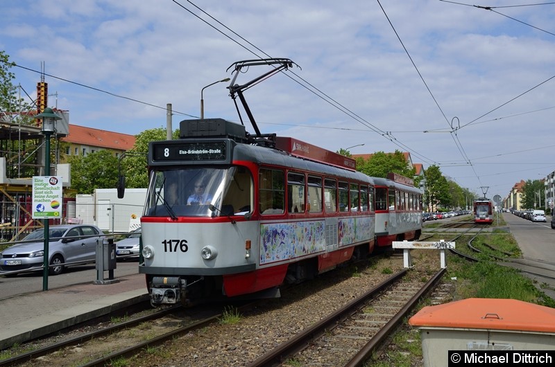 Bild: Sonderfahrt mit 1176 + 204: Ankunft Elsa-Brandström-Straße. Im Hintergrund fährt der 622 als Linie 8 nach Trotha.