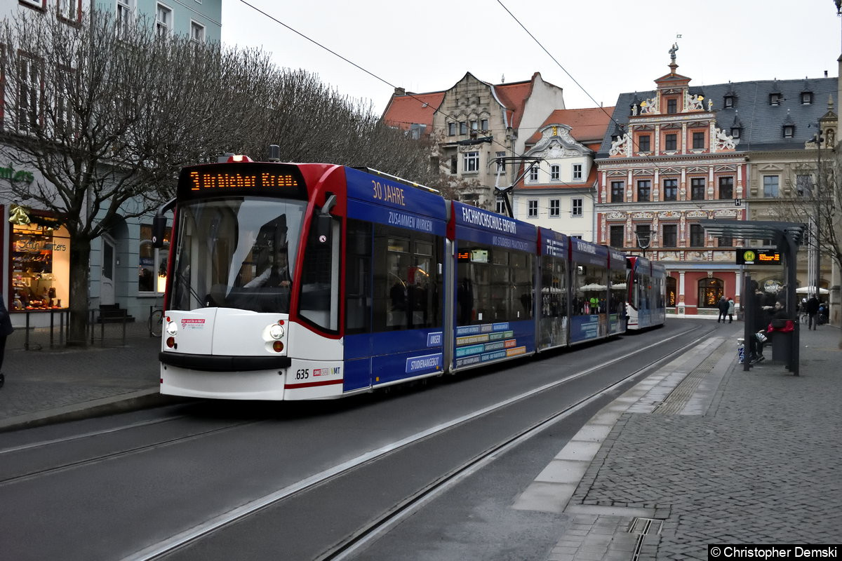 Bild: TW 635+640 als Linie 3 in Richtung Urbicher Kreuz an der Haltestelle Fischmarkt.