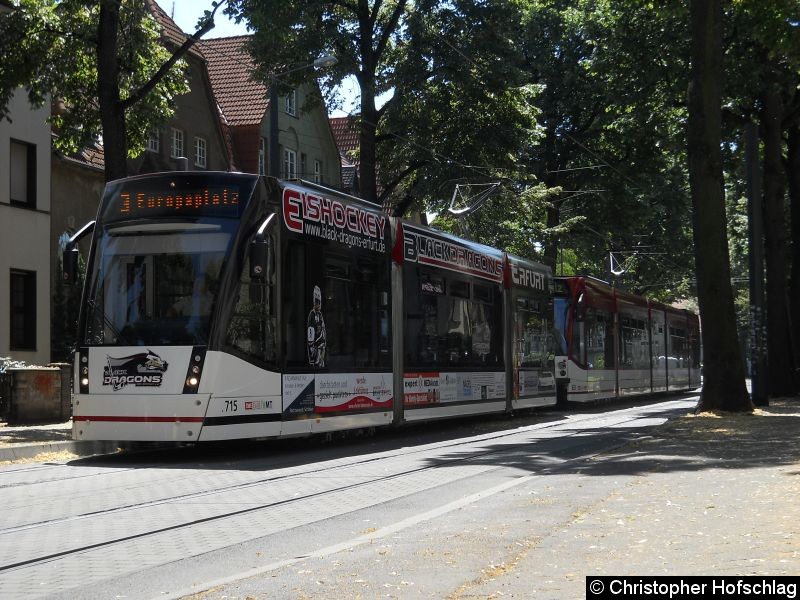 Bild: TW 715+633 als Linie 3 in der Haltestelle Robert-Koch-Straße.