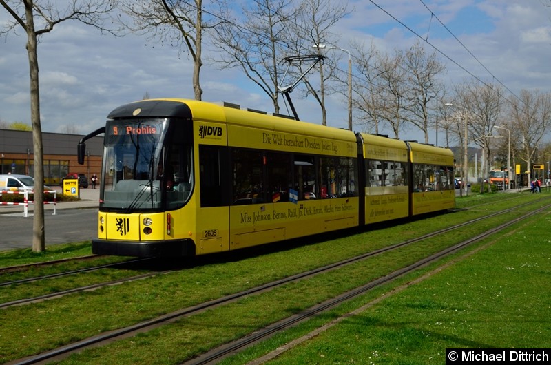Bild: 2605 als Linie 9 zwischen den Haltestellen Albert-Wolf-Platz und Jacob-Winter-Platz.